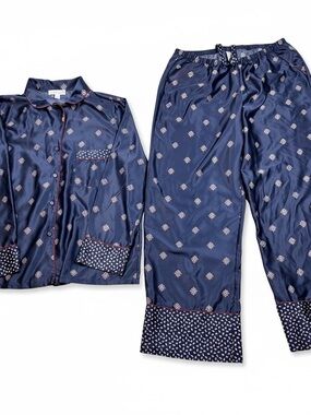 In Bloom Poly Satin Navy Two-Piece Women's Pajama Set with Printed Trim